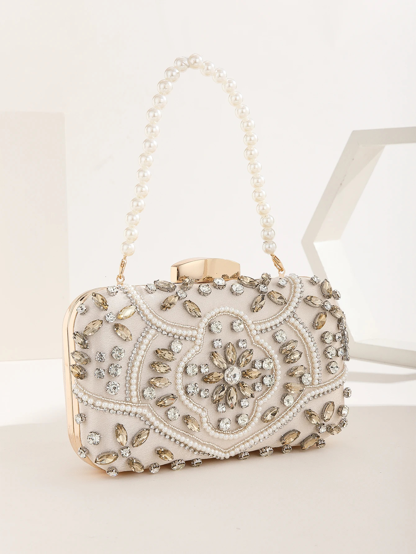 Gorgeouselegance handmake pearl diamondstudded rhinestones beaded flower pattern hand party wedding evening clutch bag 250226