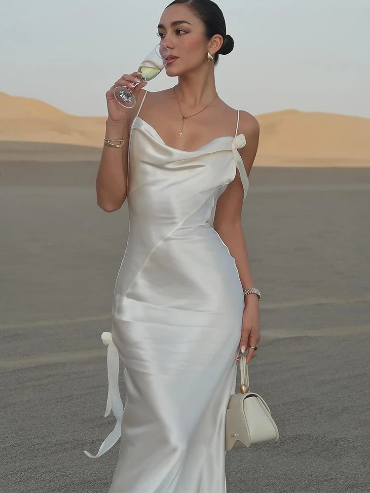 Women Chic White Backless Stain Ruffles Long Dress 2025 Elegant Sleeveless V Neck Pleated Sling Vestidos Ladies Party Club Robes 250226