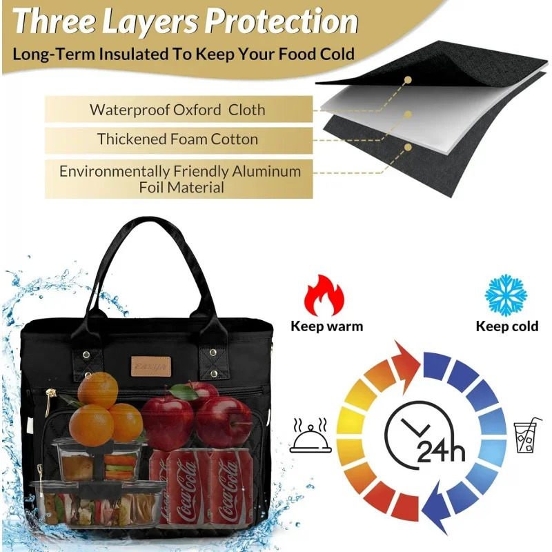 Ship from US Large Insulated Lunch Bag Work Womens Nylon Thermal Box Leakproof Cooler Tote with Storage Pocket Black 250227FBB