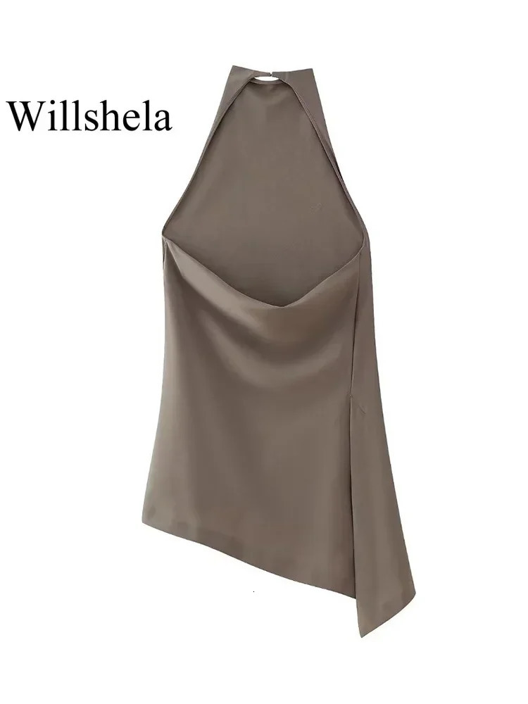 Willshela Women Fashion Two Piece Set Brown Pleated Halter Neck Tops Straight Pants Vintage Female Chic Lady Suit 250226