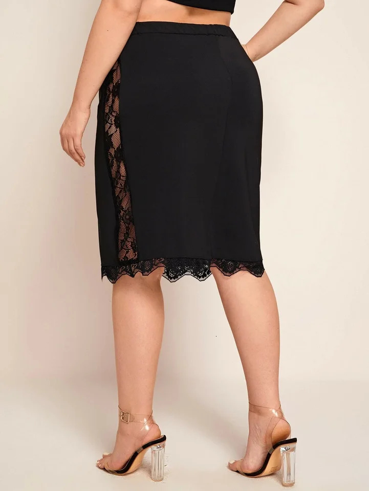Plus Size Elegant Summer Spring Elastic Waist Midi Skirt Women Lace Patchwork Pencil Skirt Female Large Size Work Office Skirt 250224