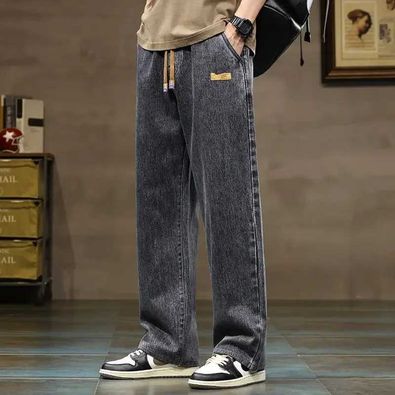 Mens straight leg blue grey loose drawstring jeans street casual jeans mens fashionable loose and comfortable jeans X250227
