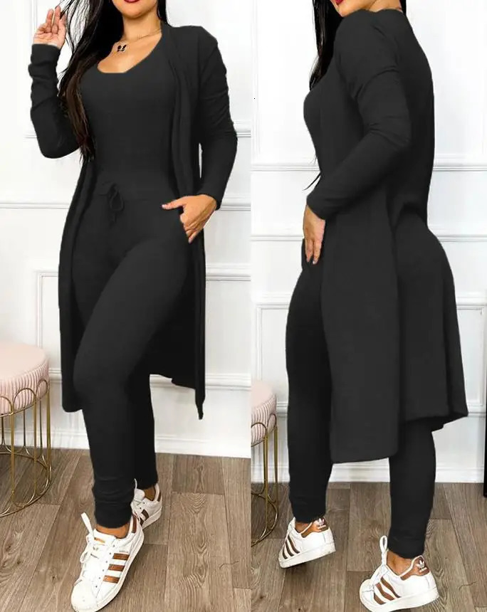 Autumn Womens Drawstring Pocket Jumpsuit Coat Set Temperament Commuting Women Fashion Suit Sets Two Piece Outfits 250224