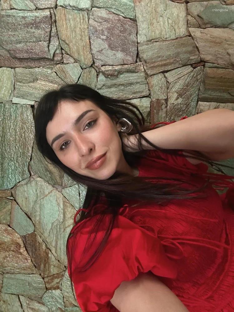 Women's Tanks 2025 Lace-up Sleeve Shirts For Women Fashion Red Round Neck Pleated Hem Pullover Spring Female High Street Tops