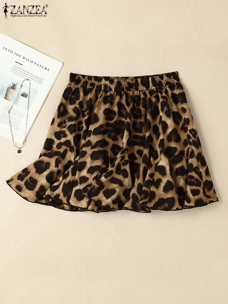 Plus Size VONDA Women Mini Skirt Fashion Summer Paity Sexy Leopard Printing Overskirts Elastic Waist A-line Short Bottoms 250224