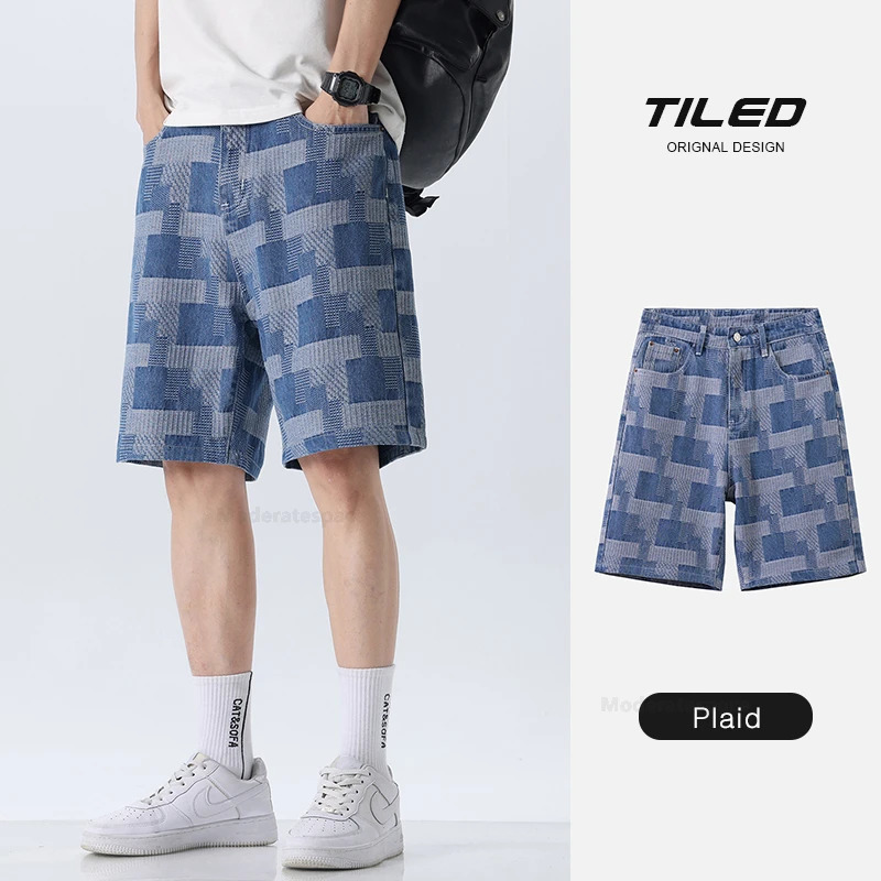 Fashion plaid mens denim shorts summer straight casual patchwork jeans street loose 250226
