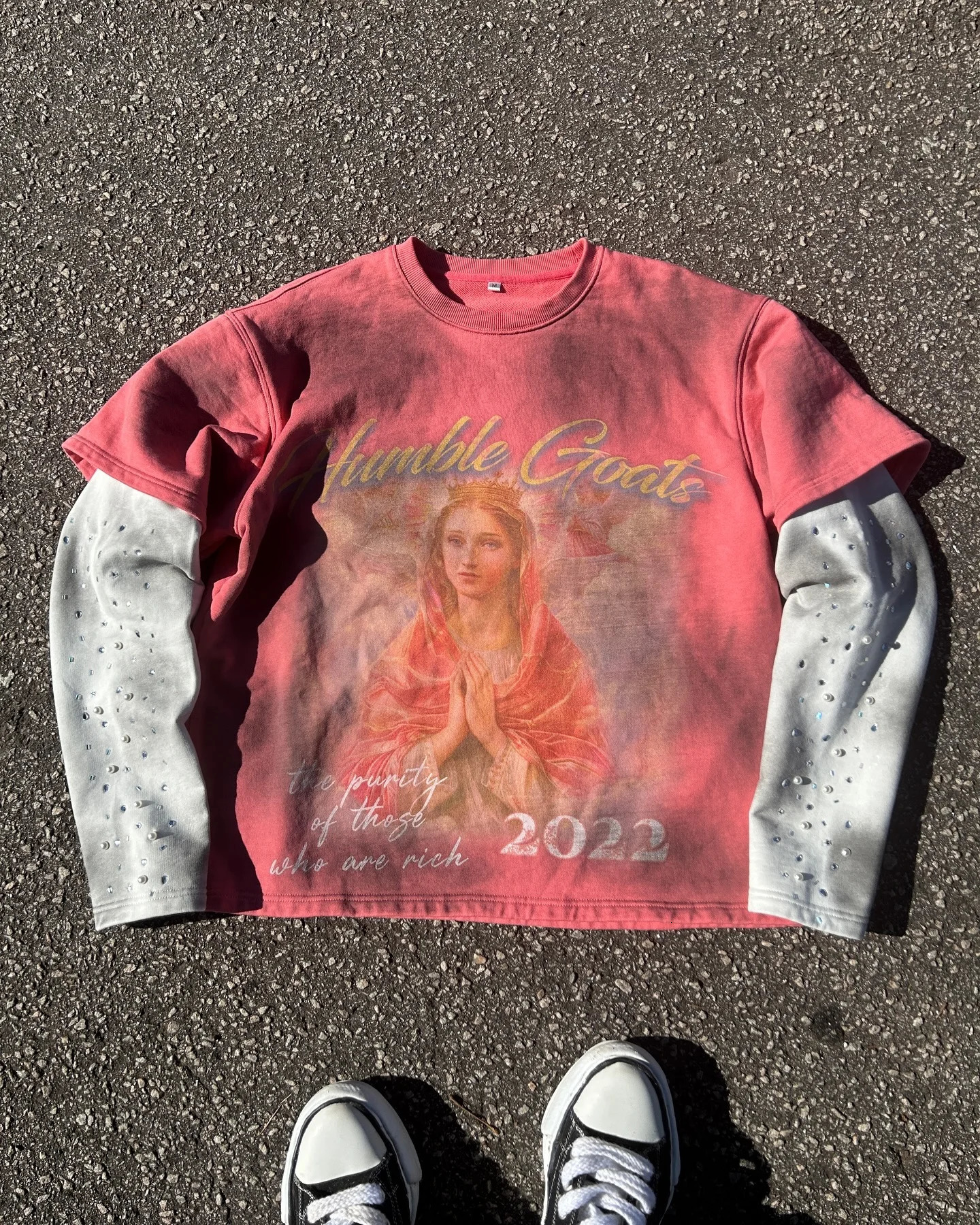 Streetwear Double Layer Long Sleeve Round Neck Pullover Y2k Clothes Hip Hop Goth Diamond Letter Print Leisure Sweatshirt 250226