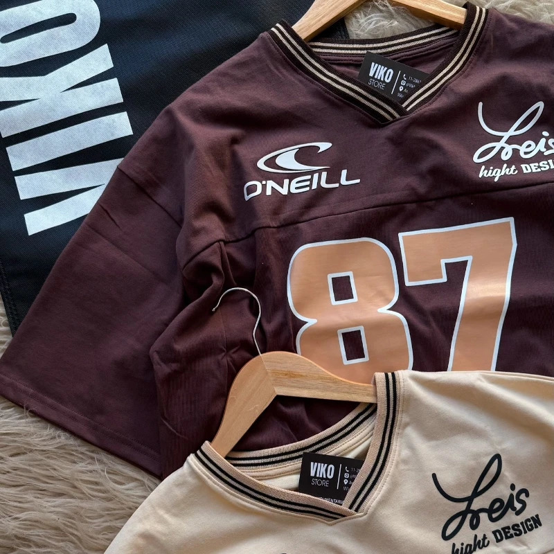 Y2K Vintage Shirt Ribbed V-neck digital Pattern Short Sleeve Streetwear Men Women Trend Clean Unisex Oversize clothing 250225