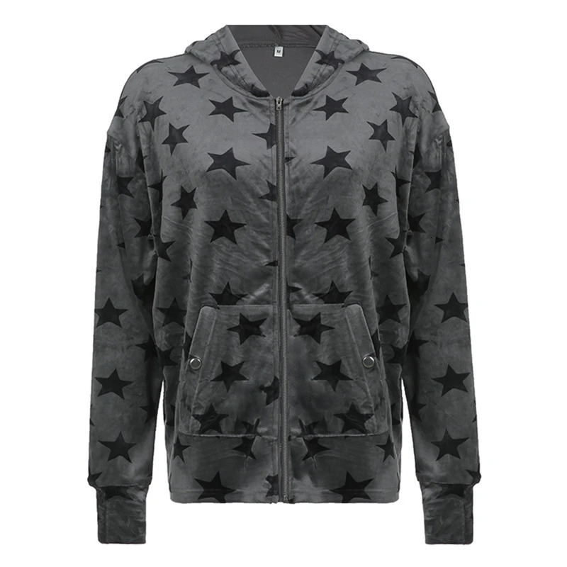 Womens Gothic Sweatshirt Punk Style Star Pattern Zip Up Long Sleeve Hooded Tops with Pockets y2k Dark Academia Clothes 250226