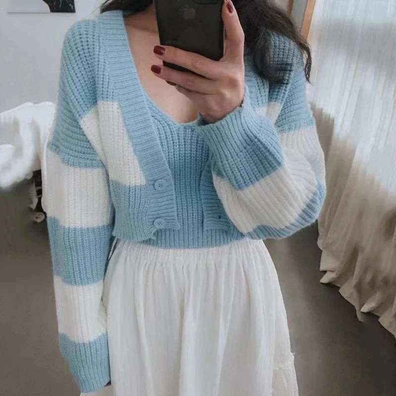 2024 Fashion Autumn Two Piece Women Sweater Stripe Long Sleeve Cardigan Crop Knitwaers Winter Loose Casual Knitted Short Tops 250225