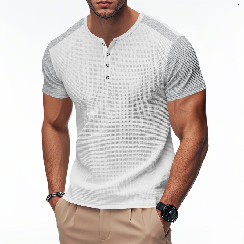 2025 Spring/summer New Large Men's Oversized Waffle Color Blocked T-shirt Henry Shirt