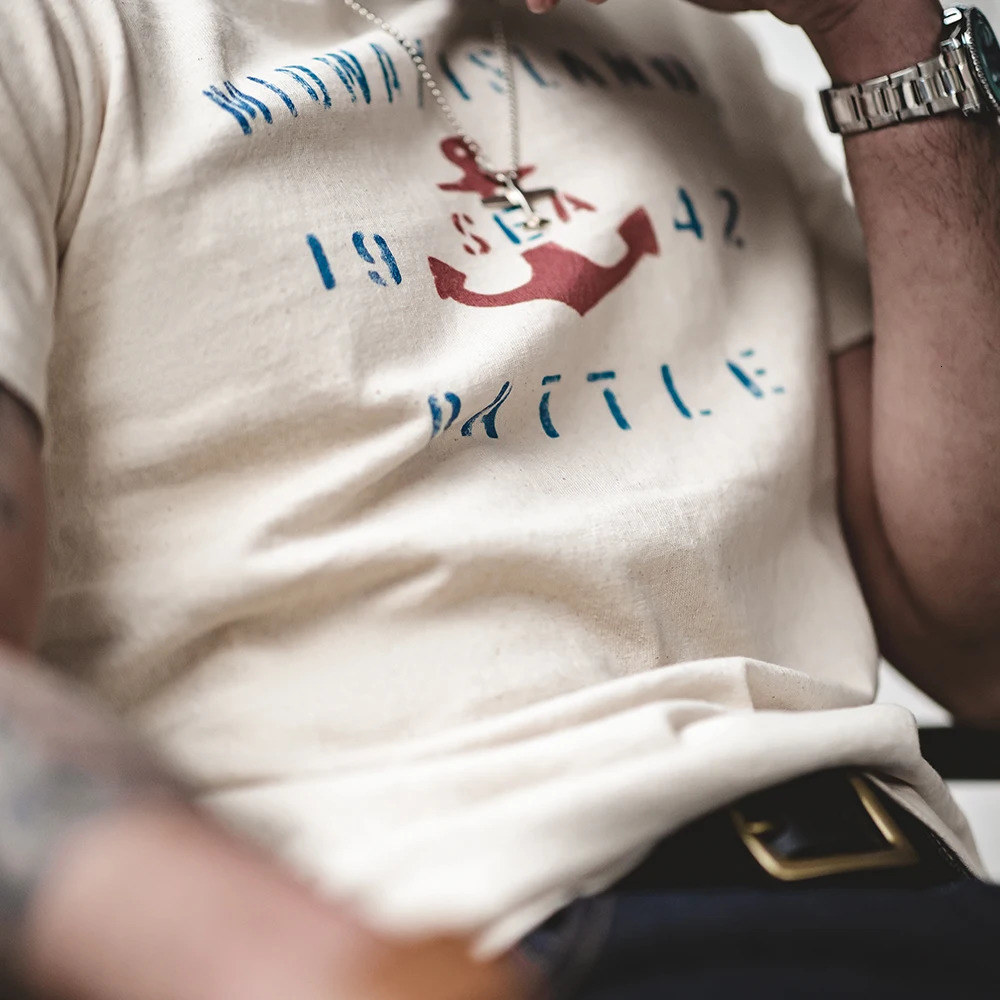 Maden summer cotton mens Tshirt retro anchor pattern casual Oneck soft and comfortable top letter 250226