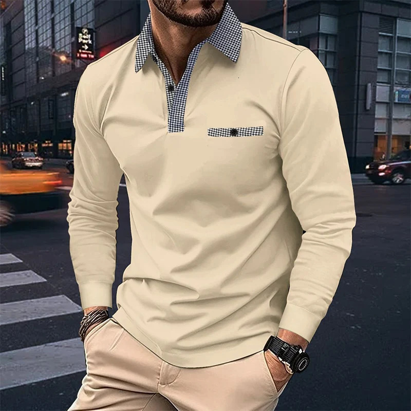 Men Clothes Spring Autumn Long Sleeve Lapel Polo Shirt Men Casual Fashion Pocket Stitching Golf Polo Shirt Tops 250226
