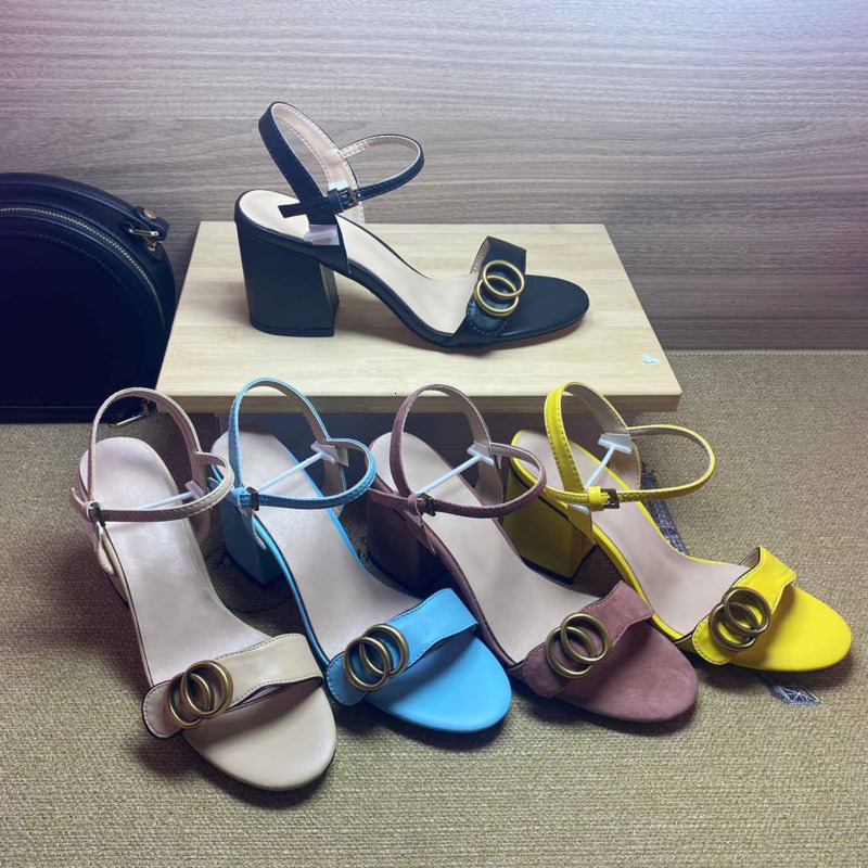 High heeled sandals designer shoes womens Dress sandal fashion leather Dance shoe heels Suede Lady Metal Belt buckle Thick Heel Woman shoes size 34-42