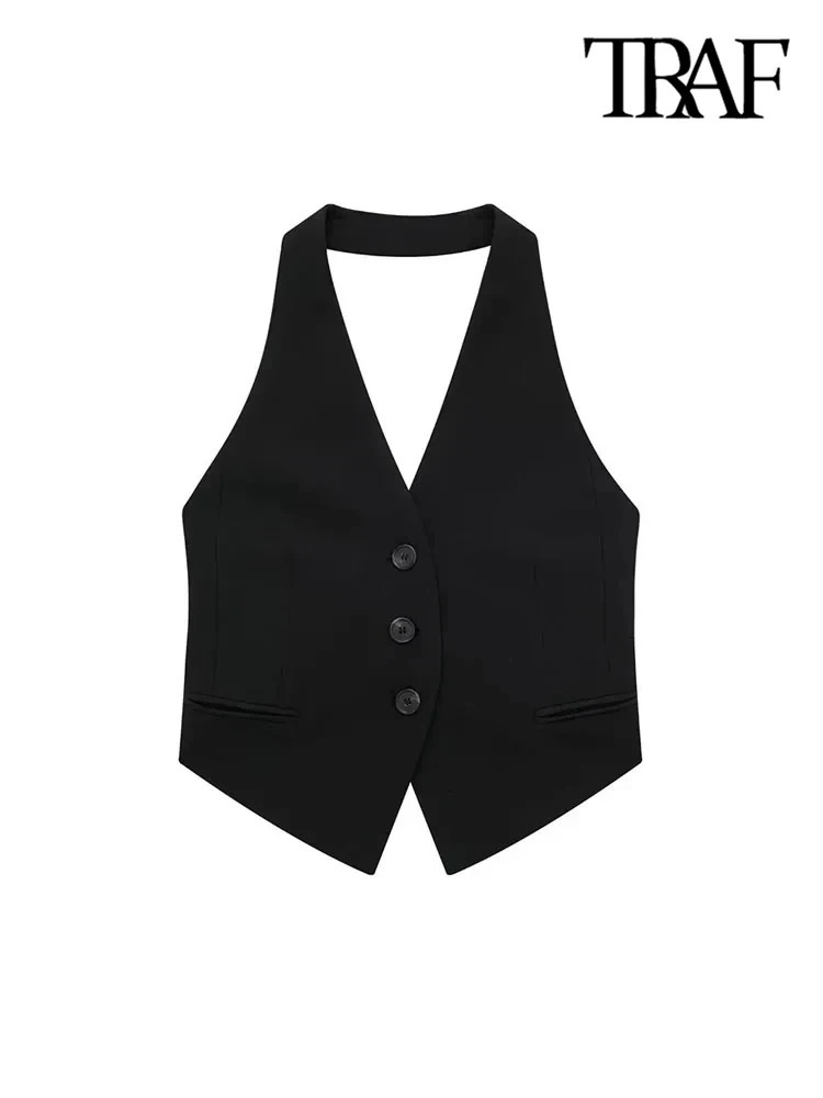 TRAF Women Fashion Backless Halter Neck Waistcoat Sexy Sleeveless Buttonup Female Outerwear Chic Vest Tops 250226