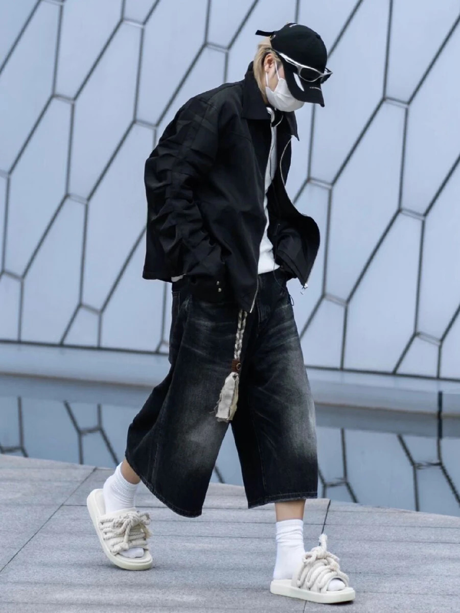ReddaChic Low Waist Wide Leg Jorts for Men Cleanfit Cropped Black Jeans Whiskers Frayed Denim Short Pants Skater Hiphop Trousers 250226