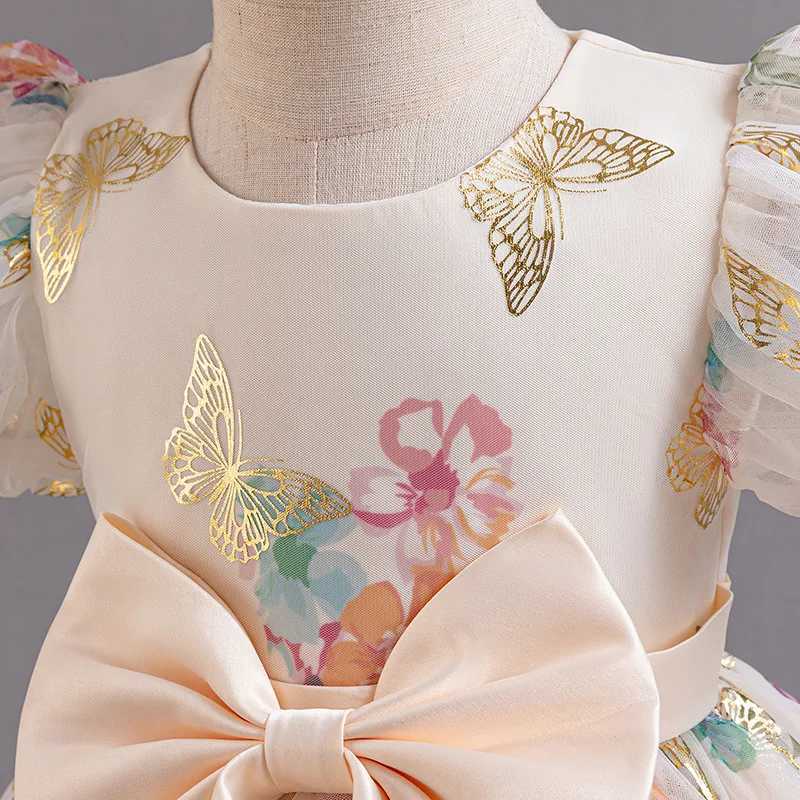 Girl's Dresses Girls new bubble sleeve big bow print sweet and cute princess dress graduate evening gown Y250227DEFX