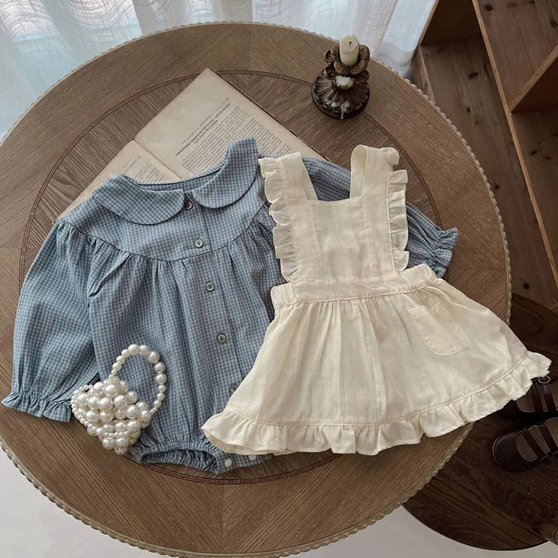 Spring Preschool Baby Clothing Set Long Sleeve Pure Cotton Plain ComboSleeveless Tank Top 0-24M Childrens Clothing Set 250227