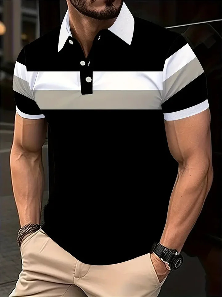 Fashion Mens Polo Shirt Simple Printed Short Sleeve T Shirt Casual Tops Striped T Shirt Mens Clothing Business POLO Shirt 250225