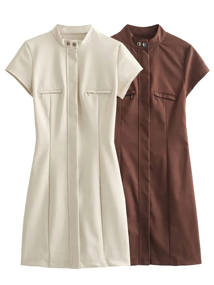 TRAFZA Women Fashion Elegant Slim Hip Dress Short Sleeve Zip Solid Color Patch Pocket Hollow Mini Dress with Stand-up Collar 250226