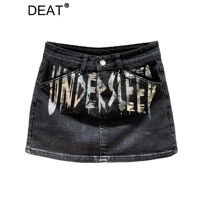 DEAT Womens Denim Skirt Letter Printed Coated A-line High Waist Slim Wrap Hips Mini Skirts Spring 2025 Fashion 29L9631 250226