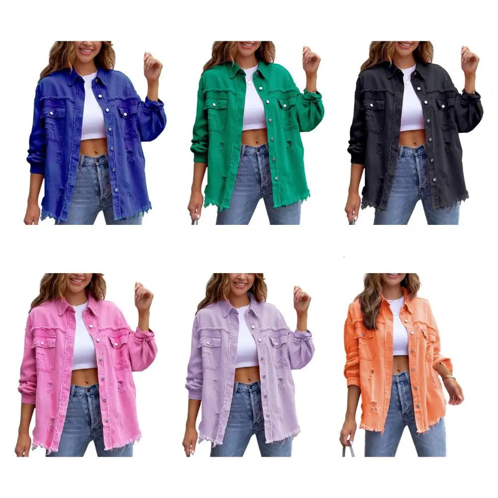 Womens Jacket Ripped Pocket Decor Solid Color Outerwear Singlebreasted Long Sleeve Hip Hop Coat Streetwear Female Clothing 250227