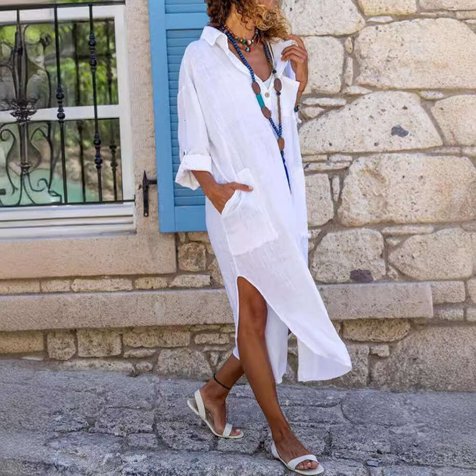 Popular Solid Color Button Split Loose Breathable Shirt Cotton Hemp Long ed Skirt for Women 2025 New Casual Versatile Fashion Clothing