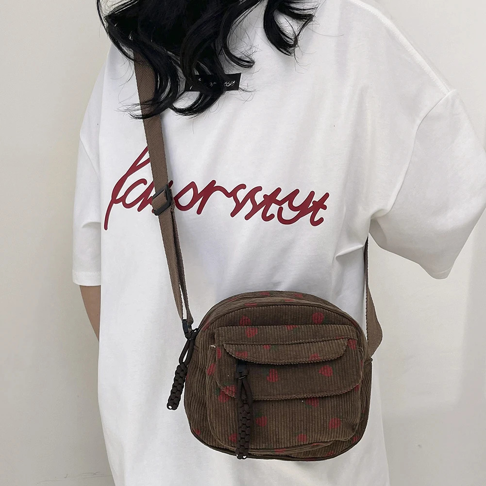 Ship from US Cute Strawberry Shoulder Bag Corduroy Trendy Crossbody Casual Zipper Messenger for Women Travel Work 250227FBB