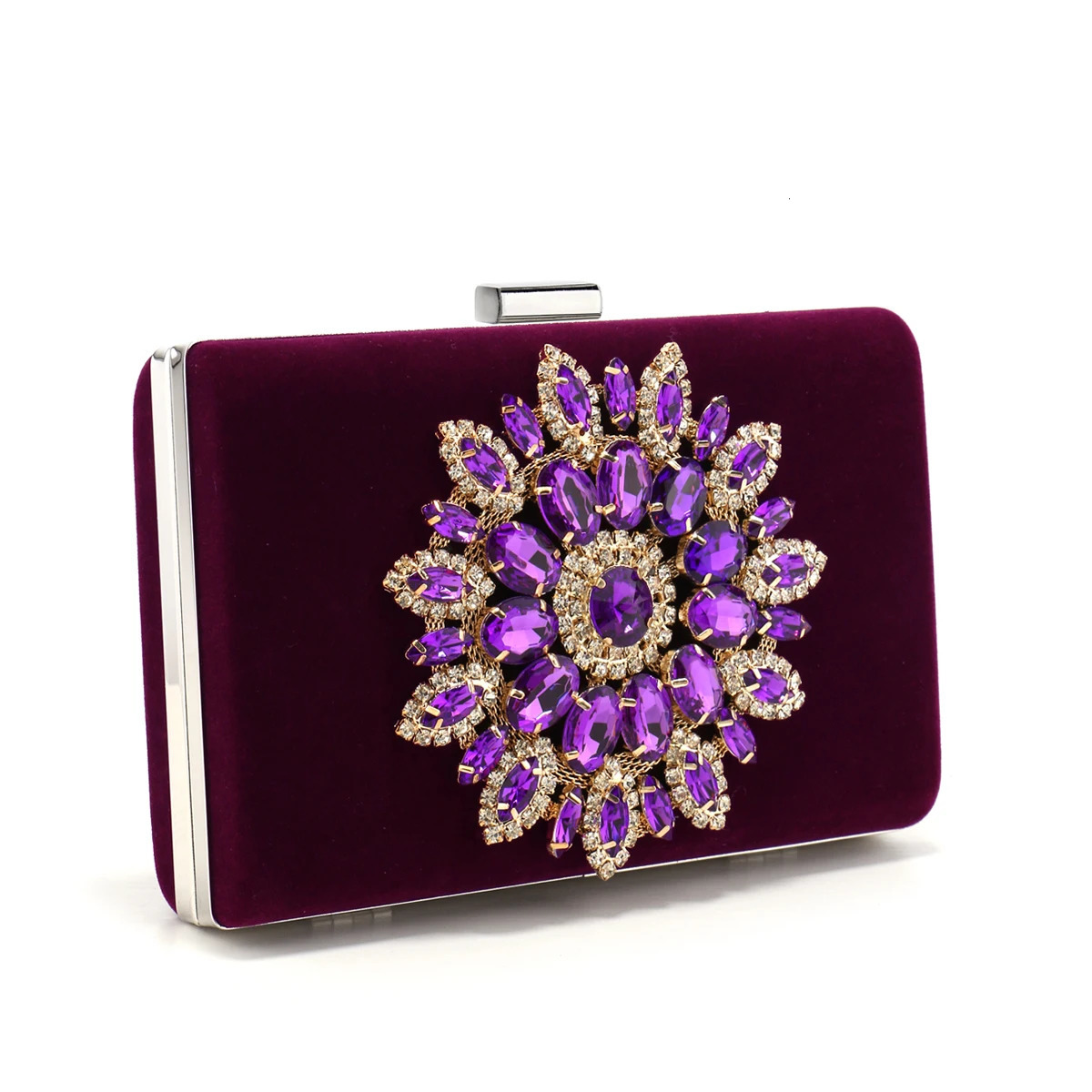 Purple Color Women Evening Bags Flower Rhinestones y Clutch Bag Velvet Flap Fashion n Party Event Diamonds Shoulder Ch 250226