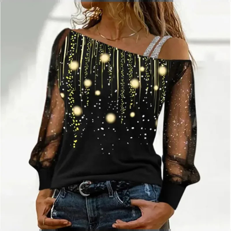 Silver shoulder strap transparent sleeve sequin shirt womens sexy Tshirt Christmas tree print long sleeved top 250226