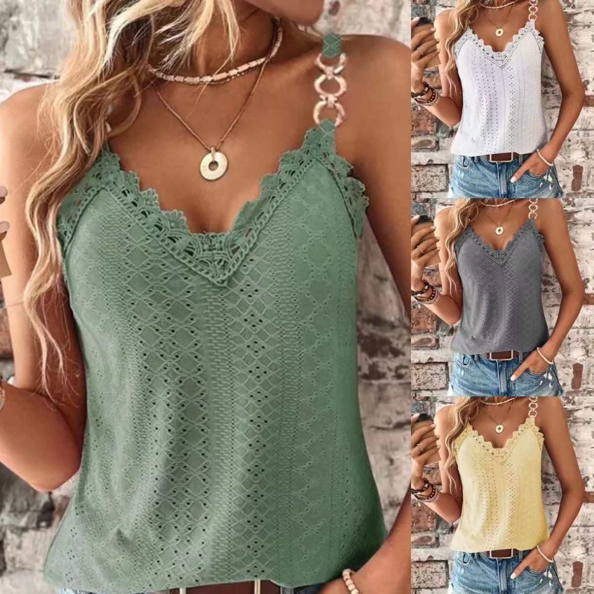 Designer Women's Top 2025 New Solid Color Hollow Lace Strap T-shirt Tank Top