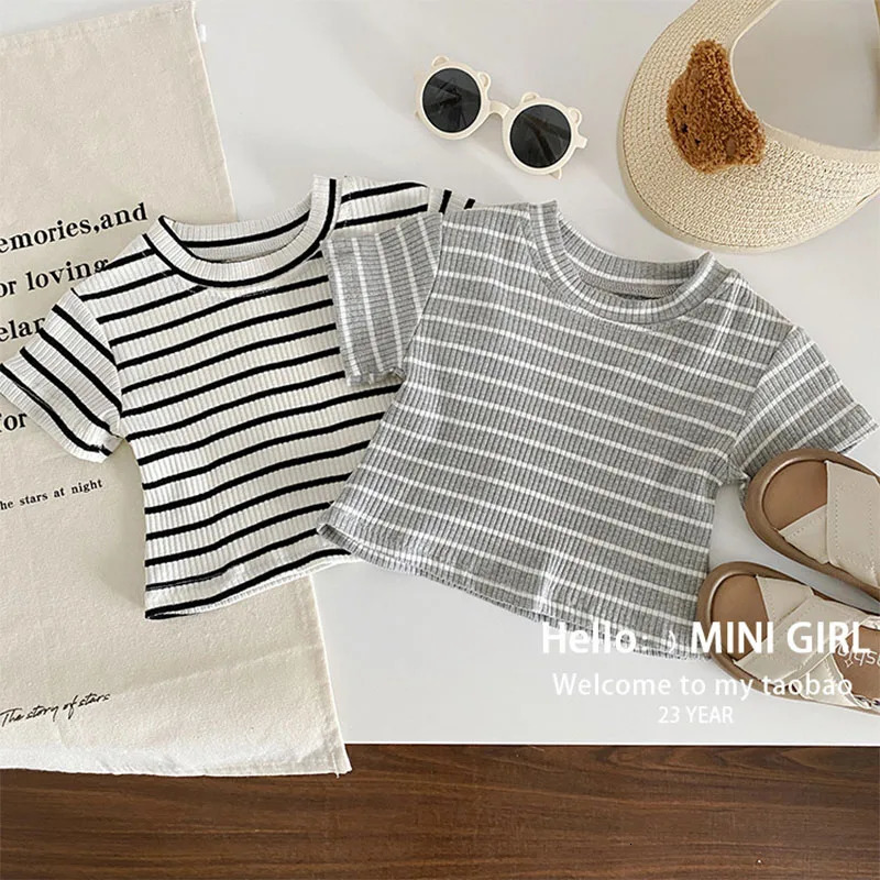 Summer Girls Fashion Striped Sets Childrens Short-Sleeved Round Neck Top Trousers Suit Baby Casual Two-Piece Baby Clothing 2-8Y 250227