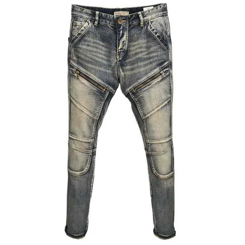 High Quality Fashion 2022 Worn Wash Splicing Zipper Decoration Multi Bag Elastic Motorcycle Biker Jeans Cargo Retro Pants Men X250227