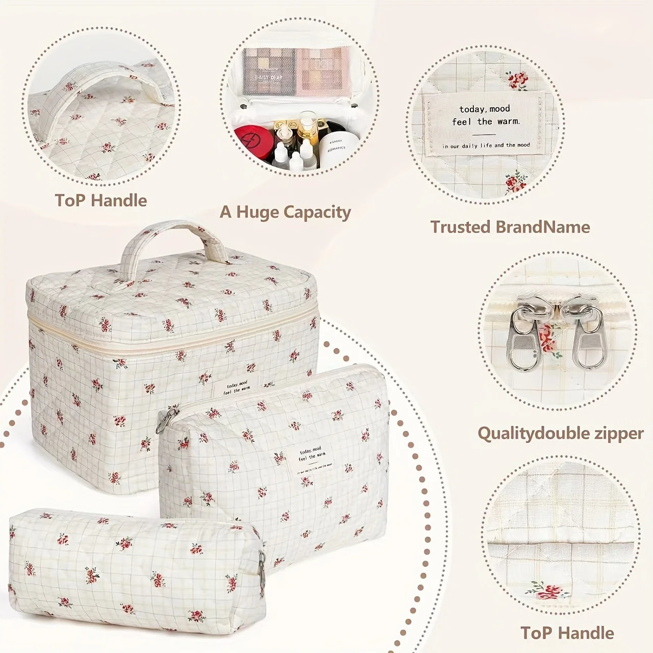 Ship from US 3piece cotton makeup bag set floral n womens and girls multifunctional bags bathroom organizer large C 250227FBB