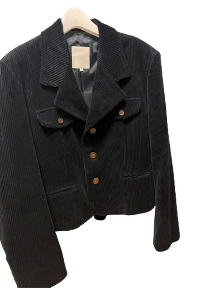 Spring And Autumn Black Corduroy Suit Jacket For Women Short Flip Collar Casual Top 250227