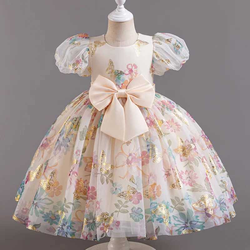 Girl's Dresses Girls new bubble sleeve big bow print sweet and cute princess dress graduate evening gown Y250227DEFX