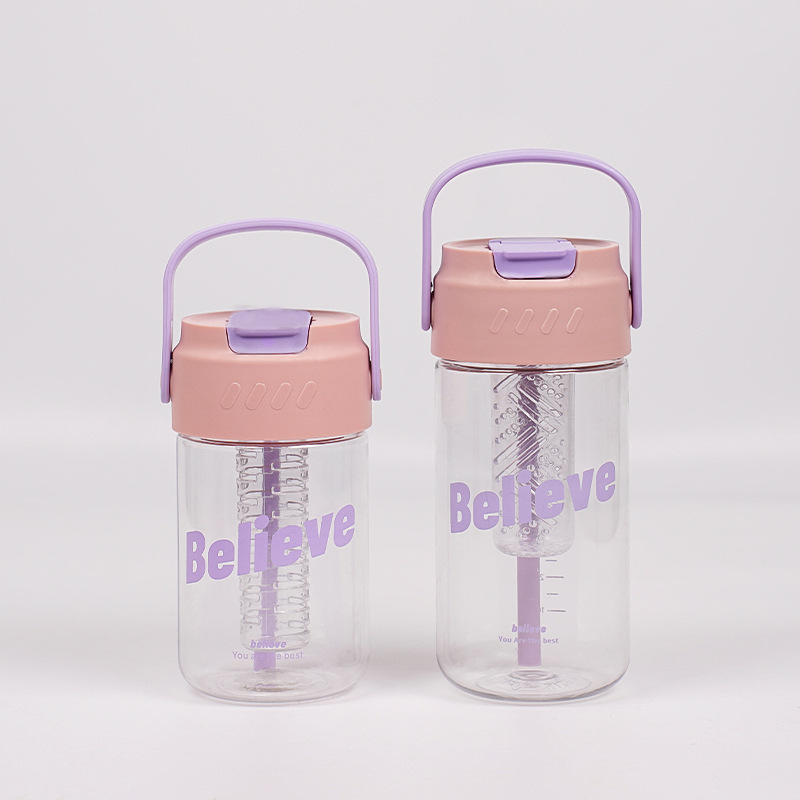 New Transparent Straw Water Bottle Chic Dainty Letter Believe Clear Plastic Bottles With Filter Screen Handle