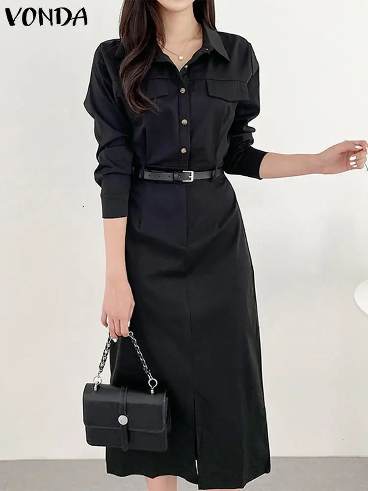 Office Dress VONDA Elegant Women Summer Long Sleeve Long Shirt Sundress Robe Fashion Dress Casual Solid Color Midi Dresses 250226
