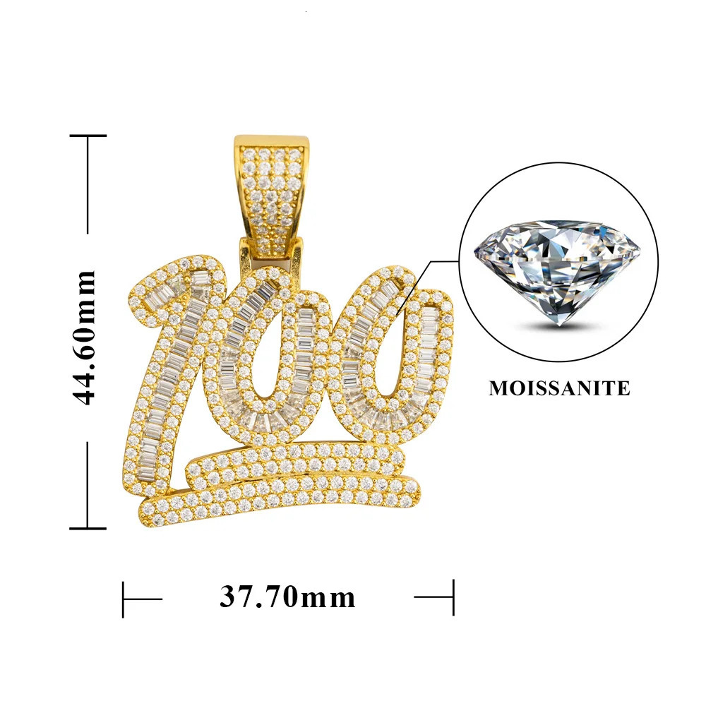 100 Number Pendant D Color 925 Sterling Silver Moissanita Diamond Pendant 16K Gold Finish Pass Tester 250227