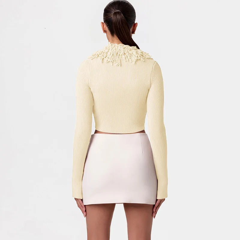 Gtpdpllt Streetwear Fringed Knitted Sweater Coat Deep V Neck Long Sleeve Tops Winter Cropped Cardigan Y2K Clothing 250225