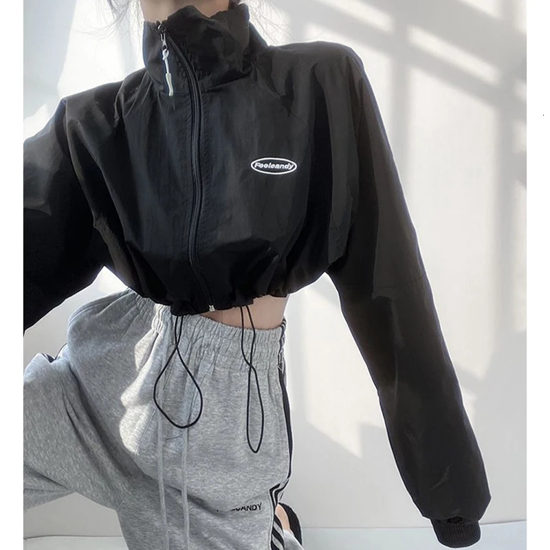 American Zipper Cut Jacket Womens Drawstring Sports Jazz Long Sleeve Top Waterproof Harajuku Y2K Fashion Loose Hip Hop 250227
