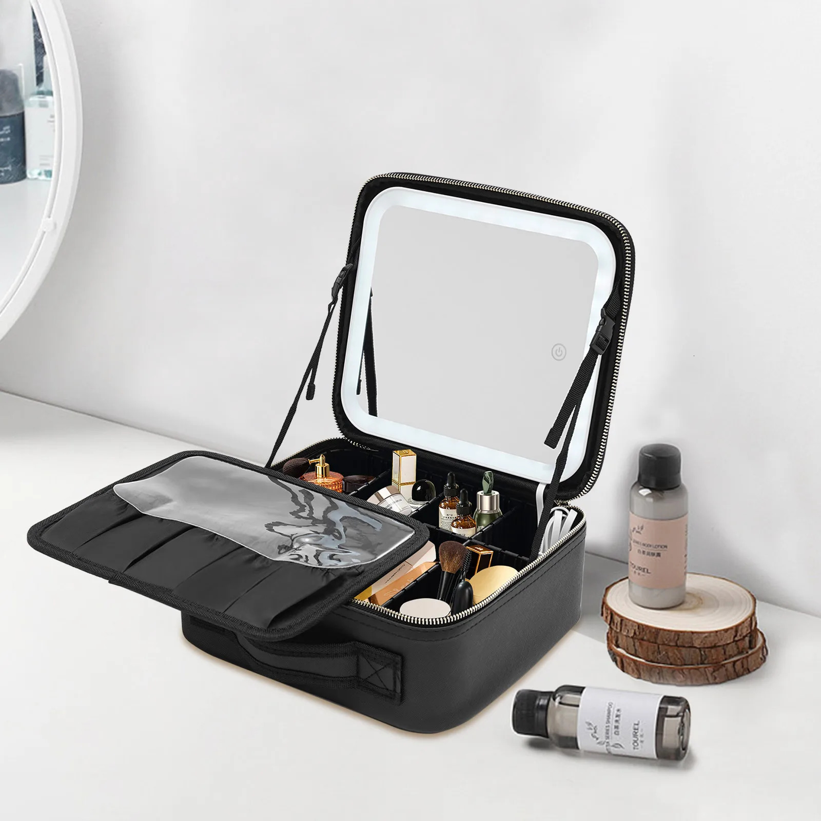 Ship from US Black Makeup Bag with Mirror and Light Portable Train Case Professional LED Cosmetic Bags Adjustable Dividers 250227FBB