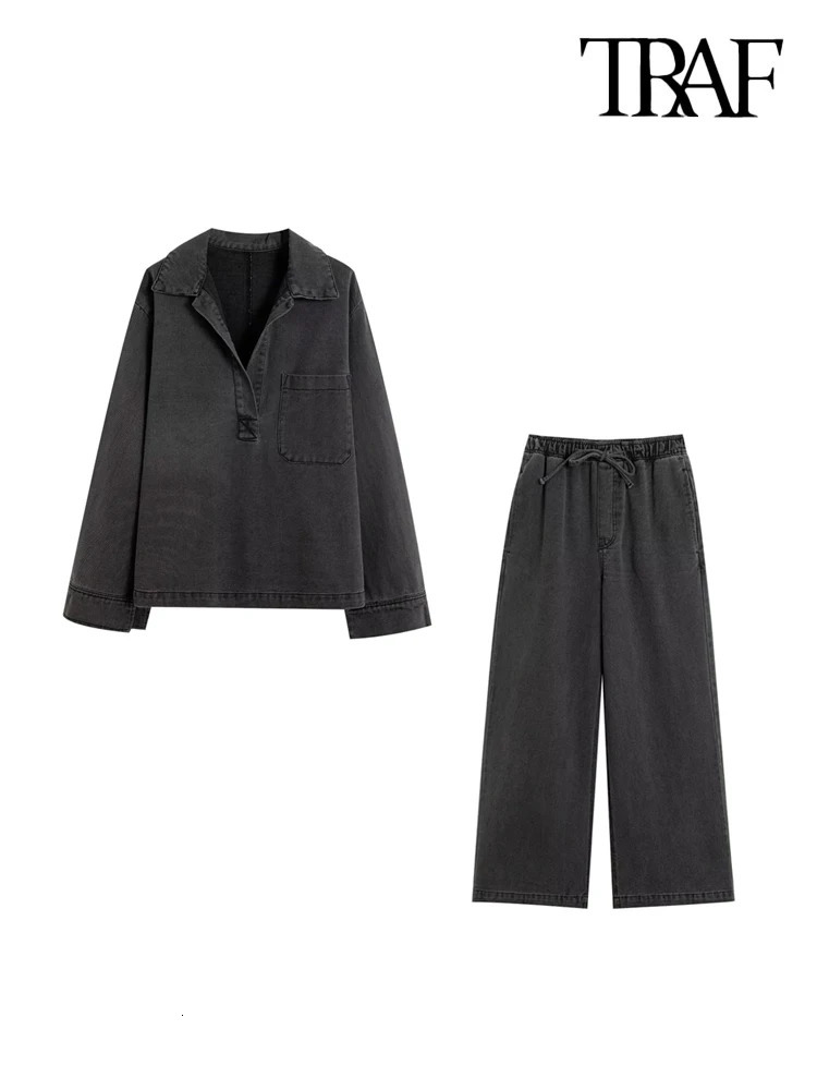 TRAF Women Fahion With Pockets Denim Loose Shirts And High Elastic Waist Drawstrings Wide Leg Pants Female Two Piece Sets 250226