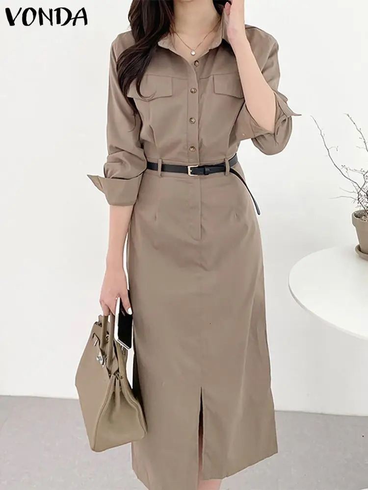 Office Dress VONDA Elegant Women Summer Long Sleeve Long Shirt Sundress Robe Fashion Dress Casual Solid Color Midi Dresses 250226