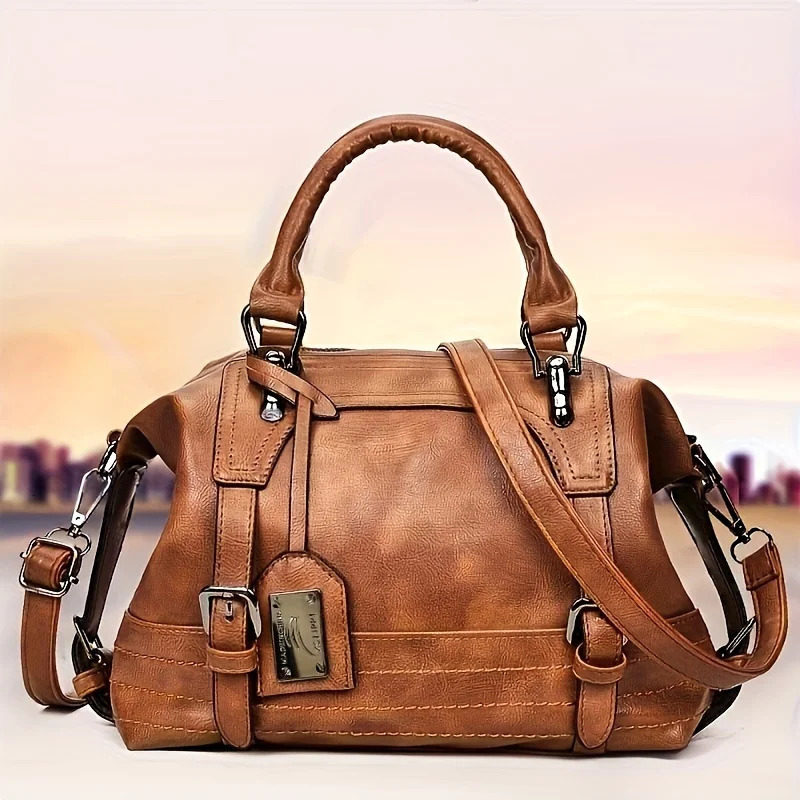 Ship from US Retro PU leather handbag fashionable Boston shoulder bag daily simple cross body 250227FBB