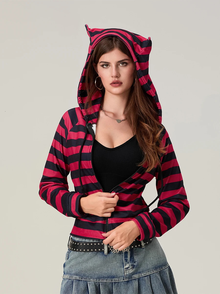 Womens Gothic Striped Print Zip Up Hoodie Contrast Color Raglan Long Sleeve Fall Sweatshirt Jacket Crop Top y2k Streetwear 250226