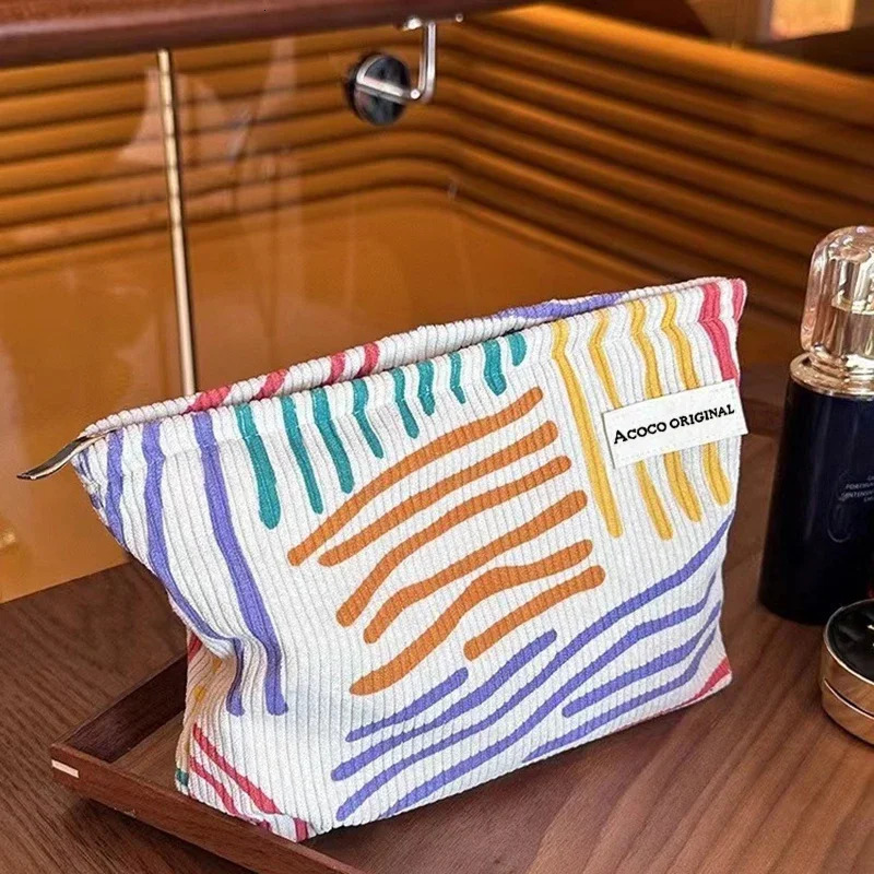 Ship from US Colorful Stripes Corduroy Cosmetic Bag Portable Travel Toiletry Skincare Sundries Aesthetic Makeup Storage Perfume shelf 250227FBB