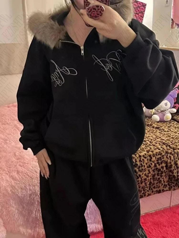 Y2K Harajuku aesthetics women men autumn winter fur collar hoodie chic longsleeved cardigan oversize sweatshirt rock streetwear 250226