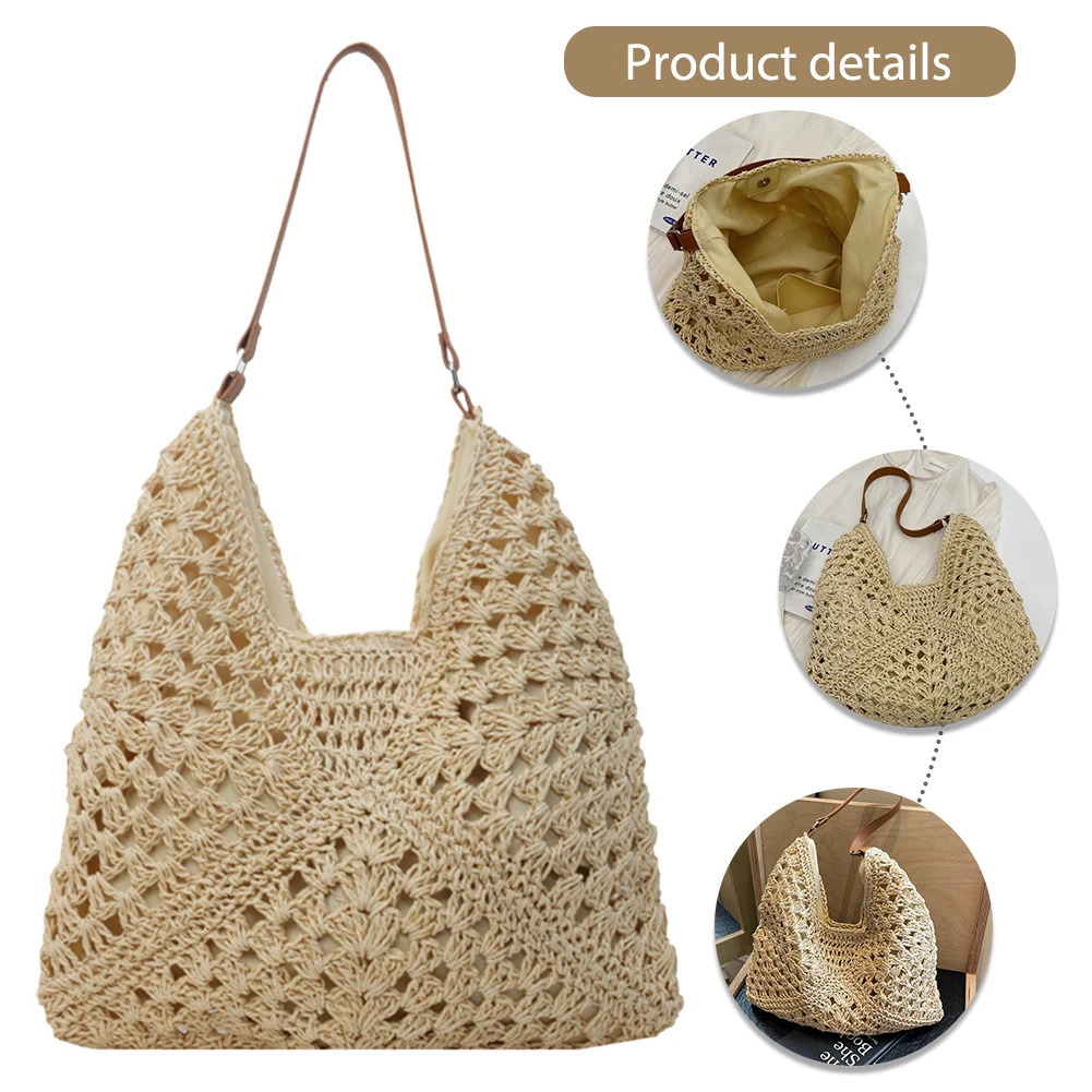 Ship from US Summer Straw Bag Hollow Out Underarm Solid Color Vacation Holiday Travel Handbag Boho Shoulder Purse for Women 250227FBB