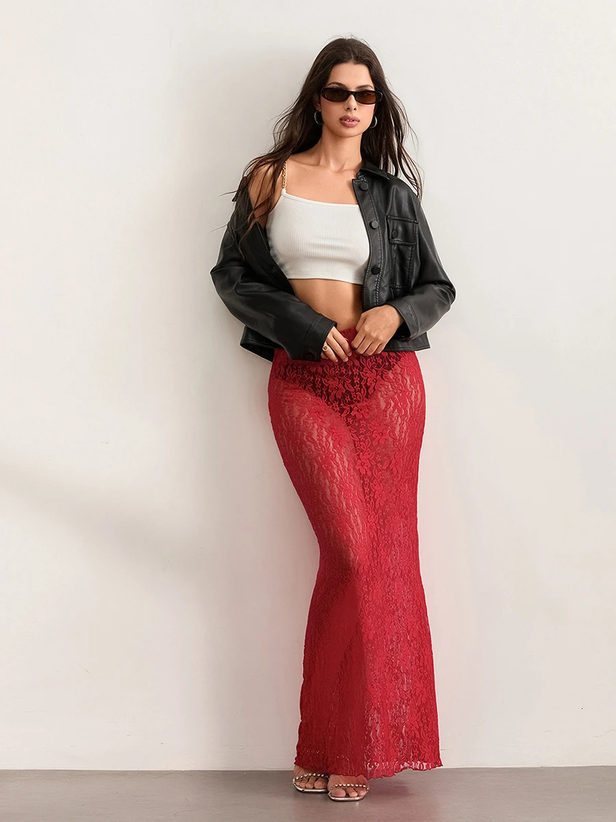 wsevypo See-Through Lace Floral Sheer Wrap Skirts Womens Fashion Low Rise Cover-ups Bodycon Skirt for Night Clubwear 250226